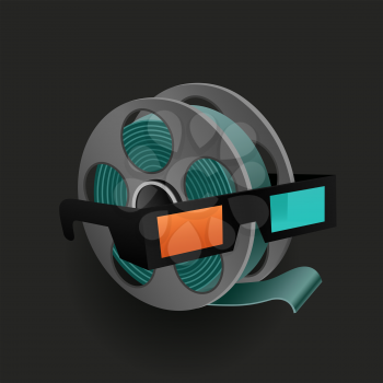 Retro cinema movie icon on black background. Filmstrip reel and 3D glasses with shadow on dark backdrop. Cinematography sign symbol