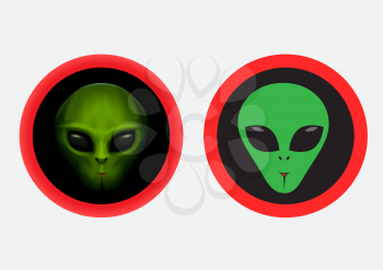 Aliens red round symbol stickers set on gray background. Warning sign with alien green face and black eyes
