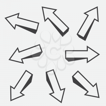Sharp three-dimensional arrows sign set isolated on gray background. Isometric black arrow download upload forward up down left right symbol icon collection