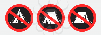 No camping set sign dark stickers on gray background. Forbidden camp tent symbol