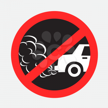 No idling turn engine off sign sticker on gray background. Forbidden exhaust round label. Smoke and smog danger. Environmental pollution