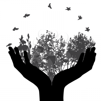 Set of Hand and Plant, Tree, Foliage Elements Silhouette Vector Illustration. EPS10