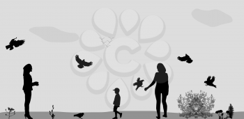 Family in the Park Feeding the Birds. Vector Illustration.