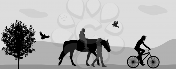 People walking in the park on a horse and bicycle. Vector Illustration.