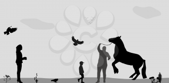 People Walk on, Connie, Birds Fly in Nature. Vector Illustration.
