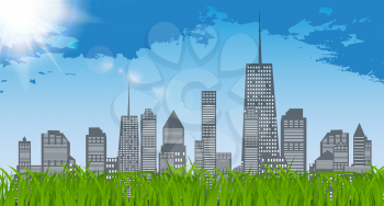 Natural Sunny on background of business city and green grass. Background Vector Illustration EPS10