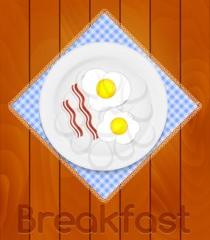 White Plate with Fried Eggs on Kitchen Napkin at Wooden Boards Background Vector Illustration EPS10