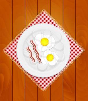 White Plate with Fried Eggs on Kitchen Napkin at Wooden Boards Background Vector Illustration EPS10