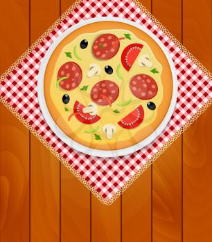 Pizza in White Plate on Kitchen Napkin at Wooden Boards Background Vector Illustration EPS10