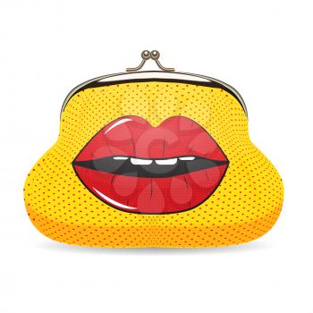 Female Wallet in Pop Art Style with Dots and Lips Realistic Vector Illustration EPS10