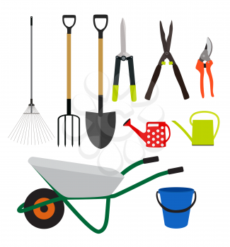Garden Tools, Instruments Flat Icon Collection Set. Shovel, bucket, rake, secateurs, scissors, wheelbarrow and watering Vector Illustration EPS10