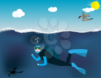 Underwater People, Cartoon  Scuba Diver. Concept of Extreme Diving Sport and Water Activity Vacation with Special Equipment. Vector Illustration EPS10