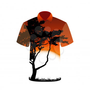 T-shirt with the image of tree and sunset. Vector Illustration. EPS10