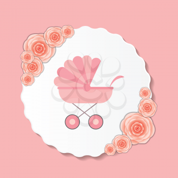 Vector Illustration of Pink Baby Carriage for Newborn Girl EPS10