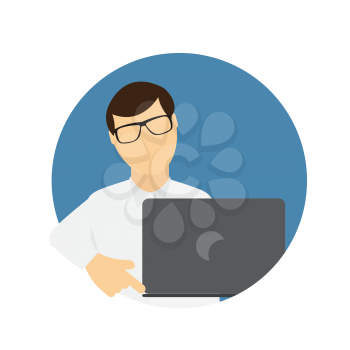 A Business Man wth Laptop Computer in Trendy Flat Style. Communication Concept. Vector Illustration. EPS10