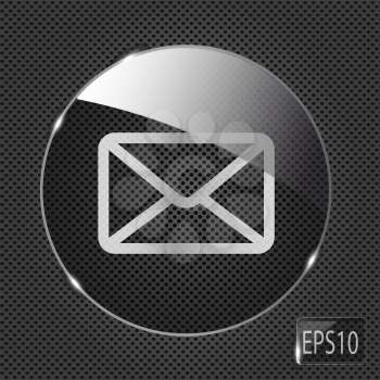 Glass mail button icon on metal background. Vector illustration