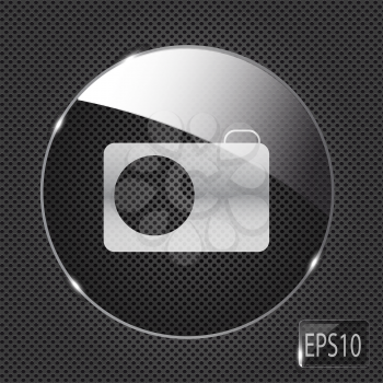 Glass photo button icon on metal background. Vector illustration