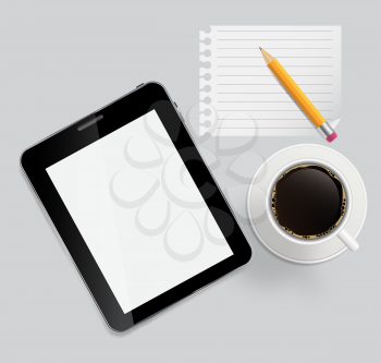 Abstract design tablet, coffee, pencil, blank page on boards Background  vector Illustration.