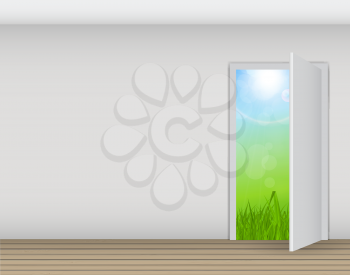 Open white door on a white wall with nature vector illustration