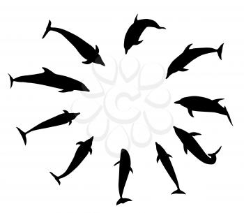 Set of black dolphins in different variants jump, fly, swim, dive . Vector Illustration. EPS10