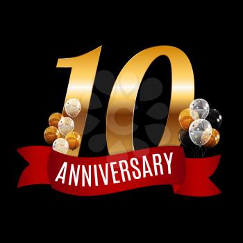 Golden 10 Years Anniversary Template with Red Ribbon Vector Illustration EPS10
