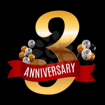 Golden 3 Years Anniversary Template with Red Ribbon Vector Illustration EPS10

