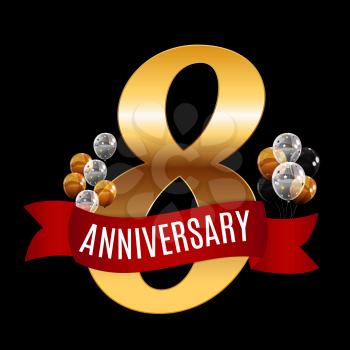 Golden 8 Years Anniversary Template with Red Ribbon Vector Illustration EPS10
