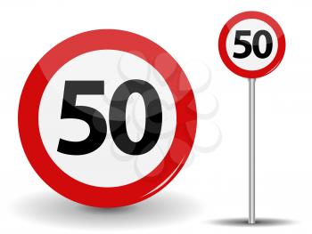 Round Red Road Sign Speed limit 50 kilometers per hour. Vector Illustration. EPS10