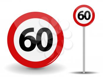 Round Red Road Sign Speed limit 60 kilometers per hour. Vector Illustration. EPS10