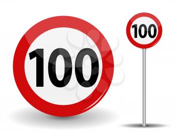 Round Red Road Sign Speed limit 100 kilometers per hour. Vector Illustration. EPS10
