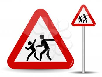 Road sign Warning Children. In the Red Triangle running kids. Vector Illustration. EPS10