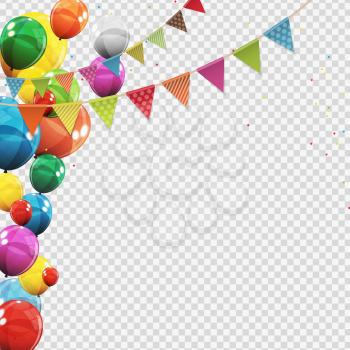 Group of Colour Glossy Helium Balloons Isolated on Transperent  Background. Set of  Balloons and Flags for Birthday, Anniversary, Celebration  Party Decorations. Vector Illustration EPS10 
