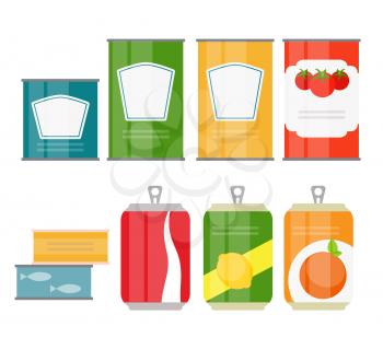Set of Cans Template in Modern Flat Style Isolated on White. Material for Design. Vector Illustration EPS10