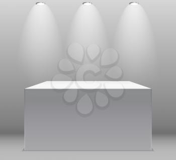 Exhibition Concept, White Empty Box, Stand with Illumination on Gray Background. Template for Your Content. 3d Vector Illustration EPS10