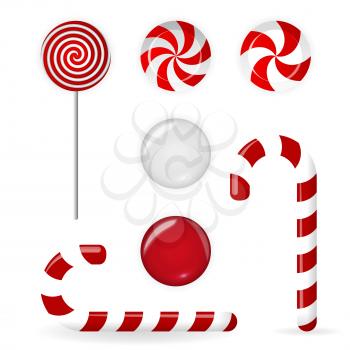 Sweet candy of various forms cane, circle on stick and flavors on White background. Decoration for the new year. Vector Illustration. EPS10