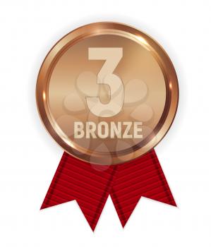 Champion Bronze Medal with Red Ribbon. Icon Sign of Third Place Isolated on White Background. Vector Illustration EPS10