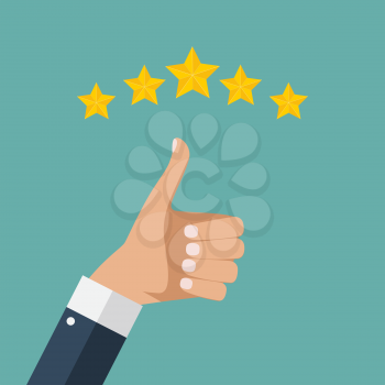 Flat Design Hand with Star Rating.  Evaluation System and Positive Review Sign. Vector Illustration EPS10