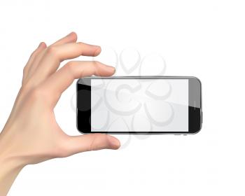 Realistic Hand holding mobile phone isolated on white background. Vector Illustration. EPS10