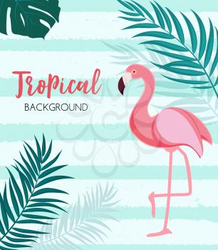 Abstract Tropical Background with Flamingo and Palm Leaves. Vector Illustration EPS10