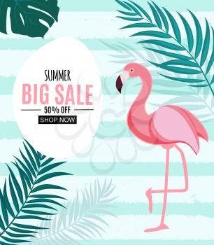 Summer Sale Abstract Banner Background with Flamingo and Palm Leaves Vector Illustration EPS10