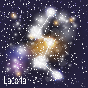 Lacerta Constellation with Beautiful Bright Stars on the Background of Cosmic Sky Vector Illustration. EPS10
