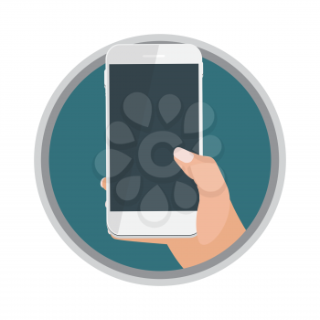Hand holding mobile phone icon isolated on white background. Vector Illustration. EPS10