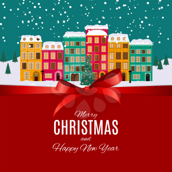 Merry Christmas and Happy New Year Background with Little Town in retro Style. Vector Illustration EPS10