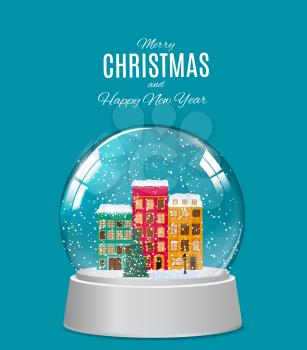 Snow glass globe with little town in winter for Christmas and New Year gift.Vector Illustration EPS10