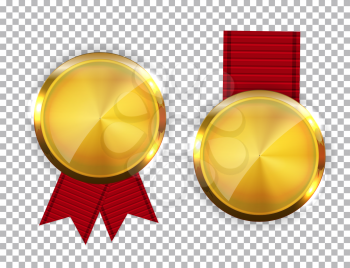Champion Gold Medal with Red Ribbon. Icon Sign of First Place Isolated on Transparent Background. Vector Illustration EPS10