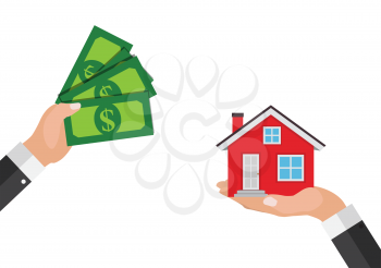 Real estate concept.  Buy house poster with men hands paying money for the home building. Vector Illustration EPS10