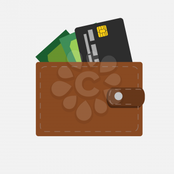 Flat Icon of Wallet with Money and credit card. Vector Illustration EPS10