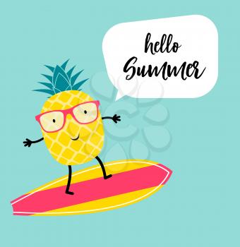 Hello Summer. Cute Pineapple in Sunglasses. Vector Illustration EPS10