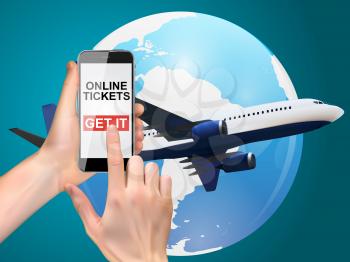 Hand holding a mobile phone. Buy air tickets online concept. Vector Illustration EPS10