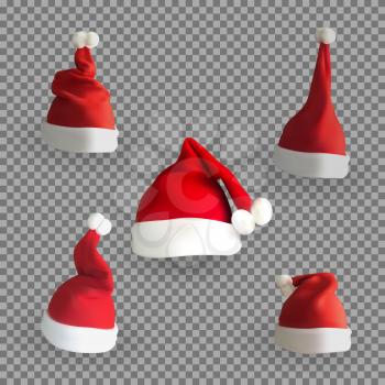 Set of Naturalistic 3D version of Santa Claus hat on a transparent background. Vector Illustration. EPS10